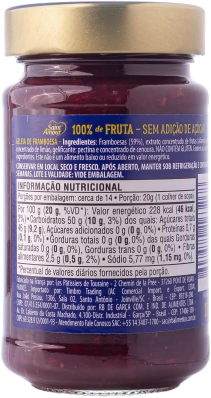 Geleia Francesa Sem Açucar Saint Amour Framboesa 275g