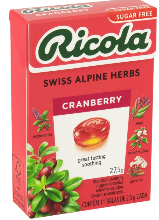 Bala Suíça Ricola Sugar Free Cranberry 27,5g