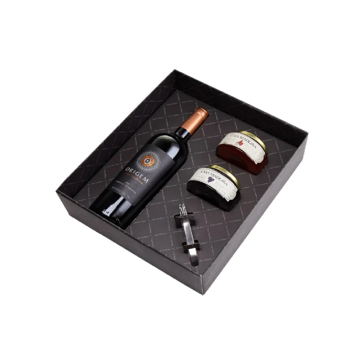 Kit vinho casa valduga origem 750ML + 2 geleias + sacarrolhas